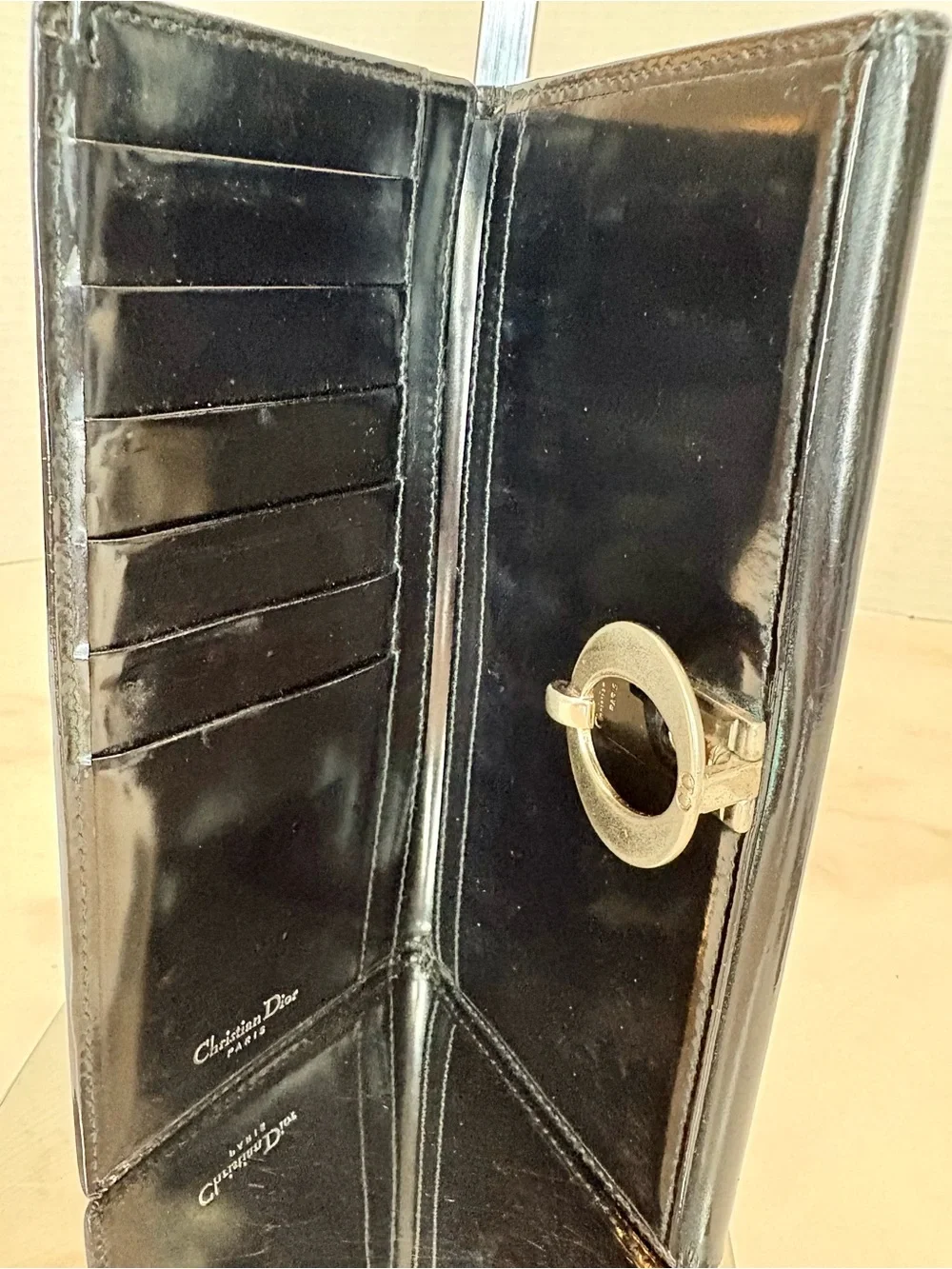 Christian Dior black leather wallet W/silver 